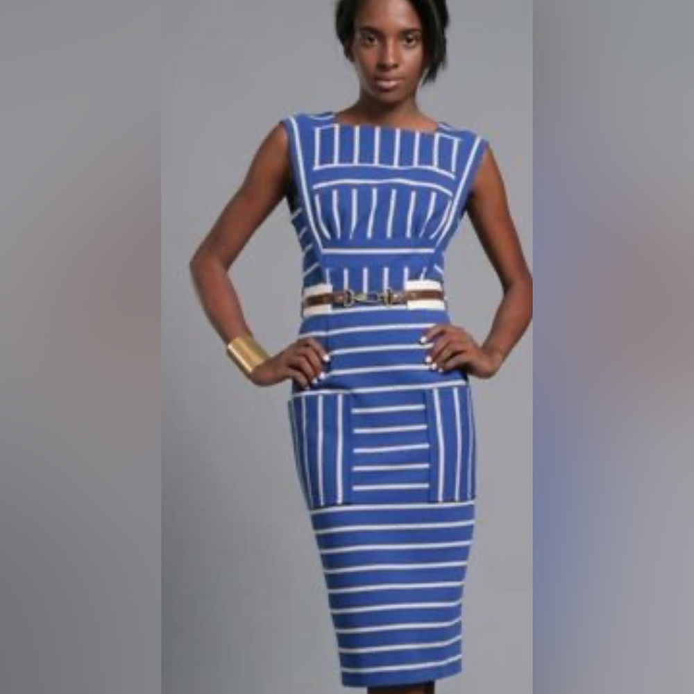 Tracy Reese
Elegant Blue and White Striped Belted Midi Dress